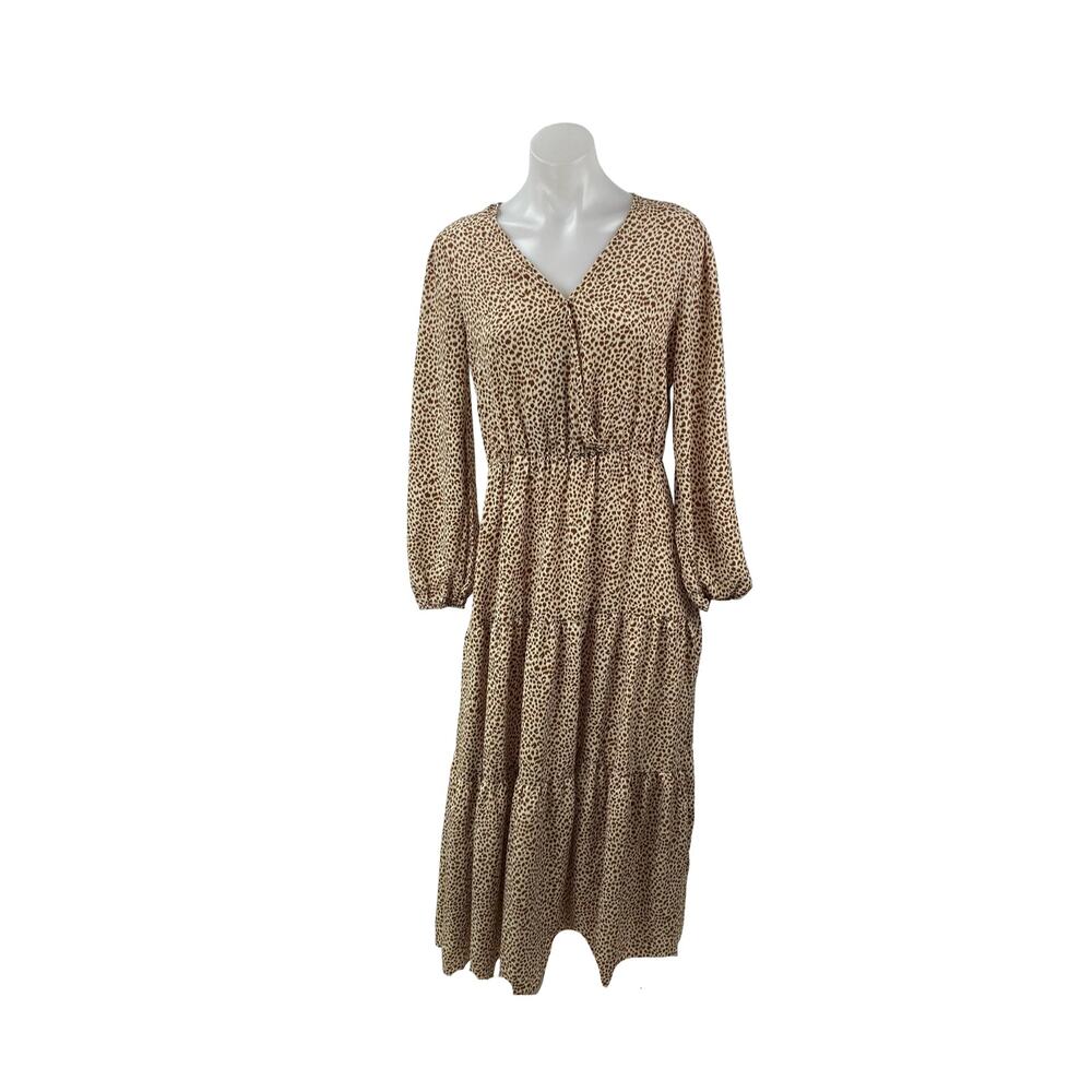 Prettygarden Brown Long Sleeve Animal Print V Neck Tiered A Line Maxi Dress Sz S